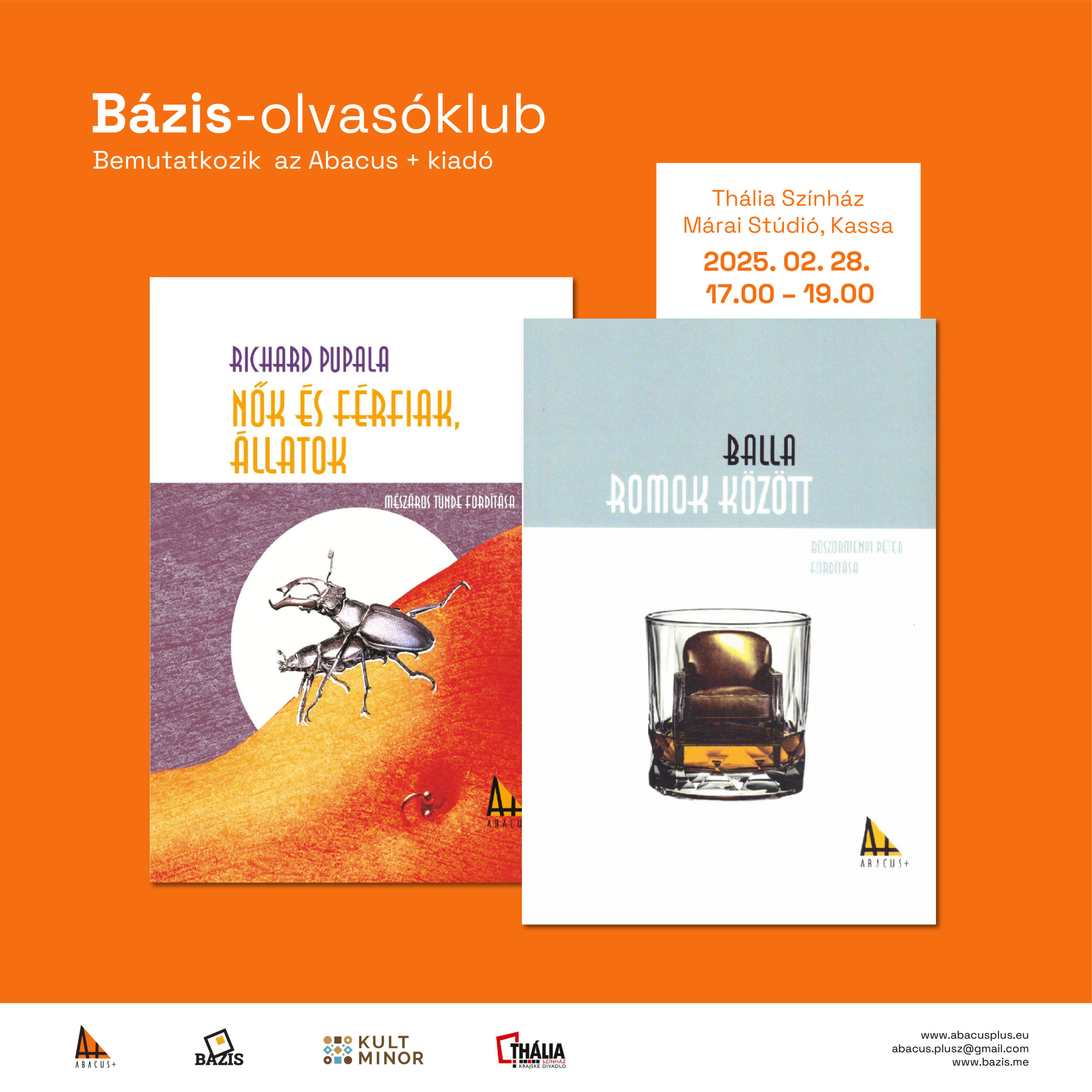 Bázis-olvasóklub az Abacus+ kiadóval Kassán: Juhász Rokko, Deák Renáta, Böszörményi Péter, Forgács Miklós, Mészáros Tünde, Csanda Gábor